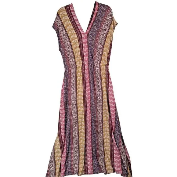 Cactus + Pearl Women size L Mix Stripe Knit Maxi Dress Slits Cottagecore Hippie - Picture 13 of 13